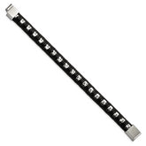 Chisel Stainless Steel Polished Chain and Black Leather 8.25 inch Bracelet